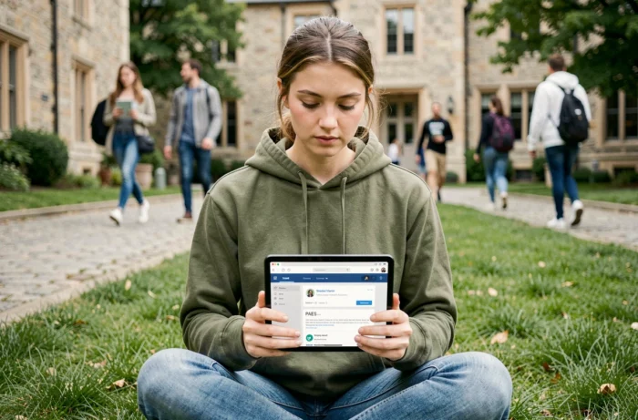 Étudiante consultant son PAE étudiant sur une tablette en plein air sur le campus universitaire