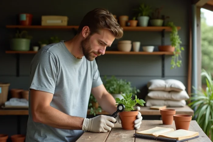 Homme qui examine avec soin un semis d'aji amarillo dans un pot en terre cuite sur un établi de jardinage couvert avec des outils et sachets de graines