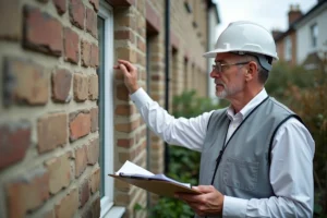 Expert en bâtiment inspectant une façade fissurée lors d'une expertise immobilière