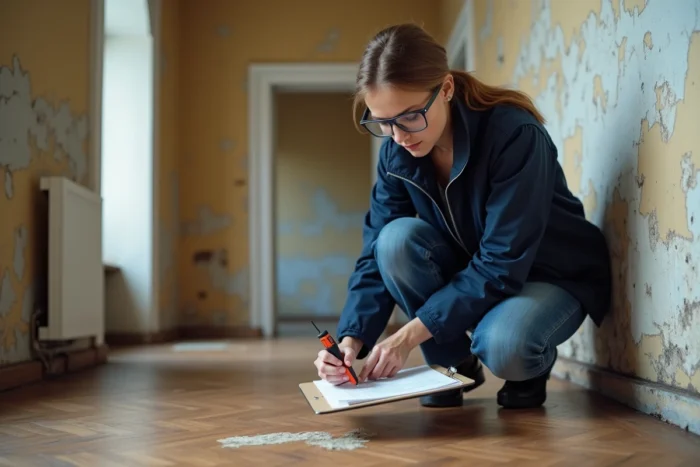 Experte en bâtiment mesurant l'humidité d'un parquet abîmé dans un appartement ancien