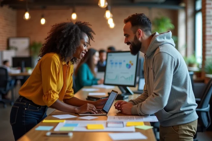 Deux experts en intelligence artificielle collaborent autour de tableaux de bord de machine learning dans un espace de travail moderne