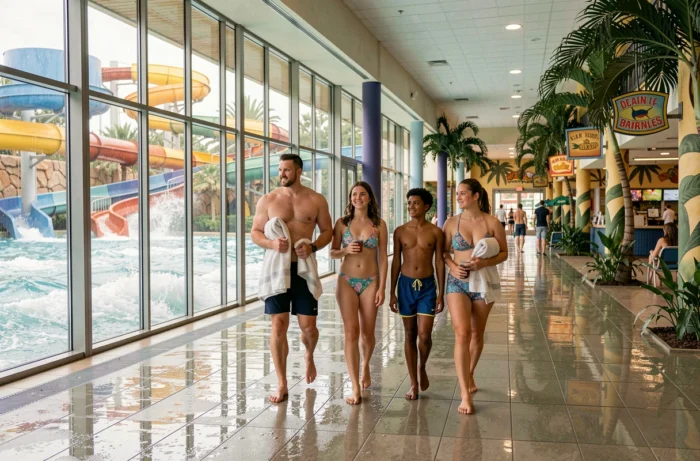 Famille se promenant dans les couloirs intérieurs d'Aquaboulevard Paris avec peu de visiteurs autour
