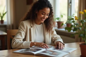 Jeune femme métisse feuilletant des albums photos de famille dans une cuisine chaleureuse, évoquant l'héritage familial de Zendaya