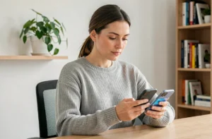 Femme utilisant une application bancaire sur smartphone dans un bureau à domicile moderne