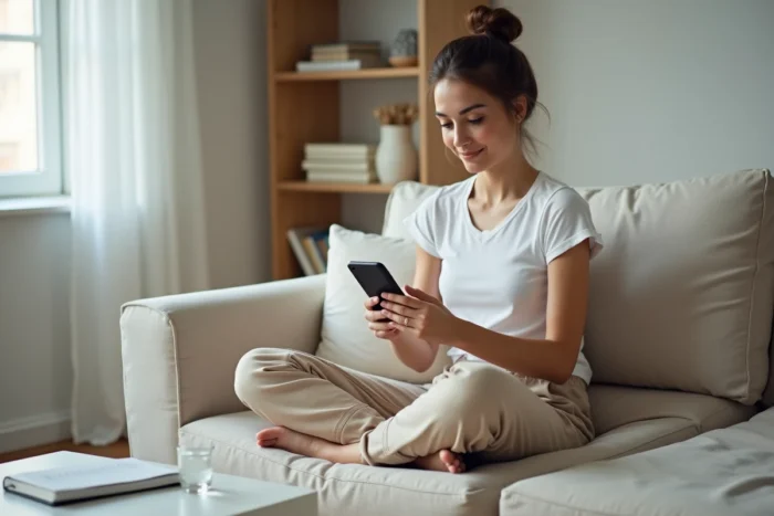 Jeune femme utilisant une application de gestion des tâches sur smartphone dans un salon minimaliste, représentant les outils numériques pour gagner en efficacité au quotidien