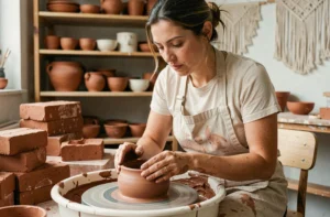 Femme apprenant la poterie dans un atelier artisanal, façonnant un bol en céramique sur un tour de potier