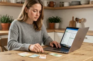 Femme comptant des euros et consultant un budget sur ordinateur portable pour arrondir ses fins de mois