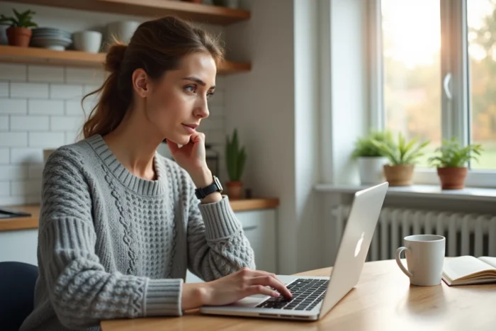 Femme calculant le remboursement anticipé de son prêt modulimmo sur un ordinateur portable dans une cuisine moderne