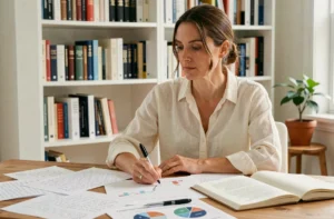Femme assise à un bureau en bois étudiant des options de carrière indépendante avec des notes et des graphiques