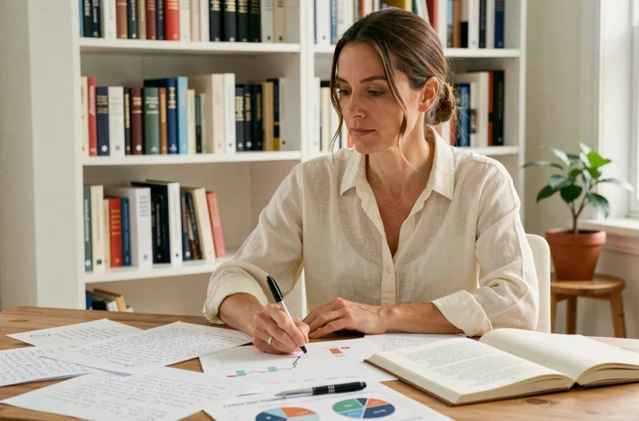 Femme assise à un bureau en bois étudiant des options de carrière indépendante avec des notes et des graphiques