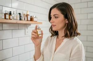 Femme comparant des flacons de parfum dupe Action dans une salle de bain minimaliste