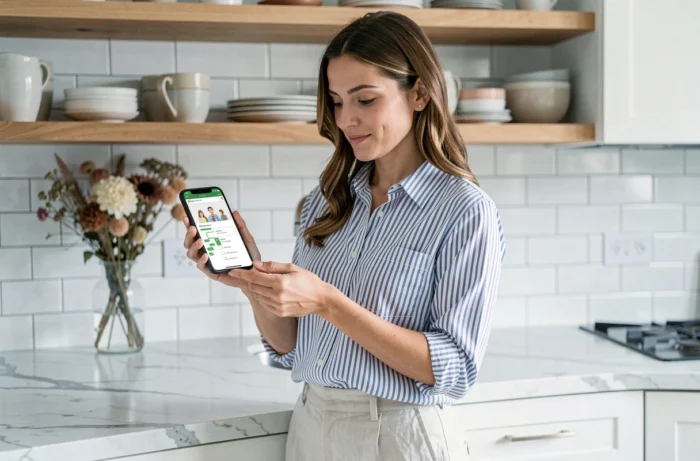 Femme debout dans une cuisine moderne consultant le plan de navigation du site Mam'Zell Plume sur son téléphone