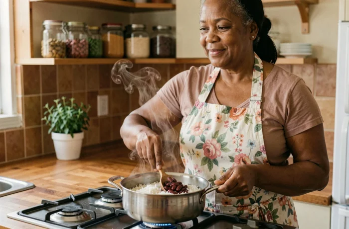 Femme cuisinant un plat de riz et haricots rouges dans une cuisine familiale