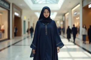 Jeune femme portant un djilbab bleu marine élégant avec broderies dans un centre commercial moderne