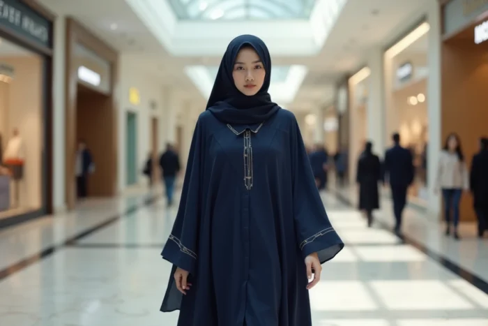 Jeune femme portant un djilbab bleu marine élégant avec broderies dans un centre commercial moderne