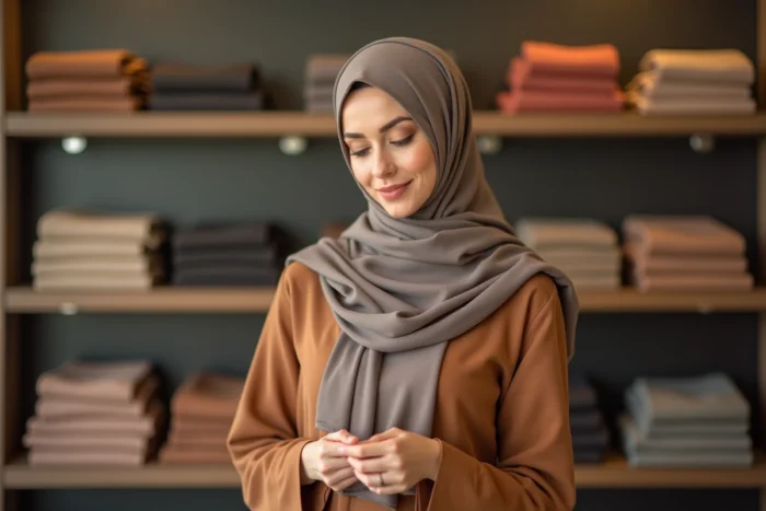 Femme en djilbab taupe et caramel explorant une boutique de mode pudique avec des présentoirs de tenues modestes
