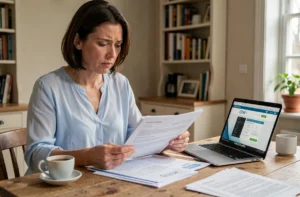 Femme consultant des documents de régularisation CAF à son domicile, illustrant le processus de vérification des droits et délais de paiement