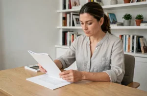Femme examinant des épreuves de livres imprimés dans un bureau moderne, illustrant le processus d'impression de livre en ligne rapide