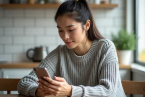 Femme consultant son espace client Free Mobile sur smartphone pour modifier ses informations de prélèvement