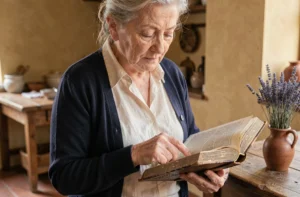 Femme italienne âgée tenant une Bible ancienne ouverte dans une cuisine rustique italienne, ambiance spirituelle et recueillie