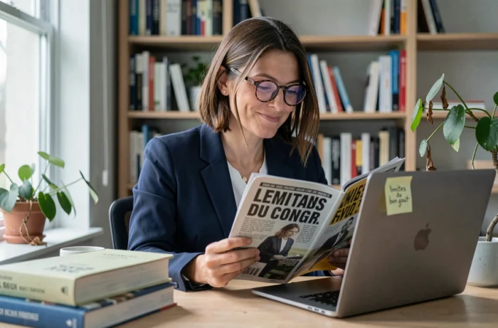 Femme souriante lisant un magazine satirique à son bureau minimaliste, illustrant la réflexion sur les limites de l'humour noir