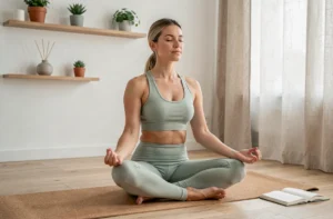 Femme pratiquant la méditation en tenue de yoga dans un salon minimaliste chaleureux pour le bien-être au quotidien