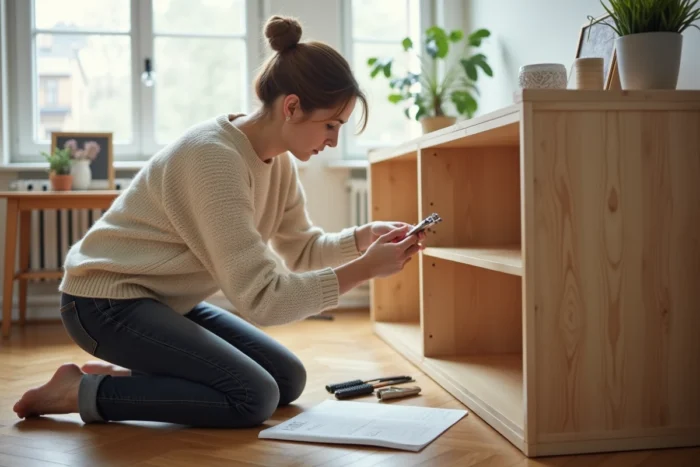 Femme assemblant une bibliothèque en bois dans un bureau à domicile, illustrant la facilité de montage des meubles Homcom au Canada