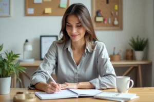 Femme organisée écrivant dans un agenda papier à son bureau à domicile bien rangé, symbolisant la productivité et la gestion du quotidien
