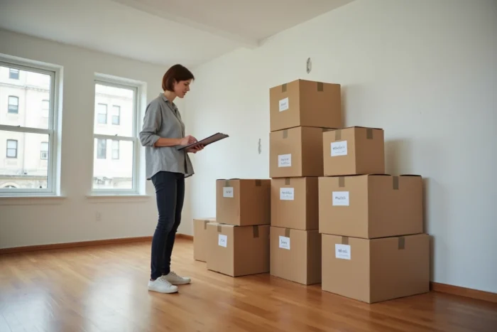 Une femme organisée vérifiant une liste de contrôle entourée de cartons de déménagement étiquetés dans un appartement vide
