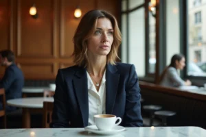 Femme politique en tailleur marine assise seule dans une brasserie parisienne, regard détourné et expression réservée, ambiance journalistique