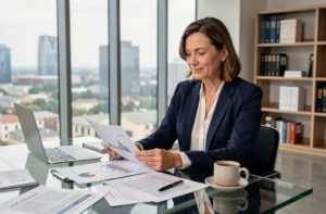 Femme professionnelle analysant des graphiques financiers dans un bureau moderne pour optimiser ses investissements en 2024