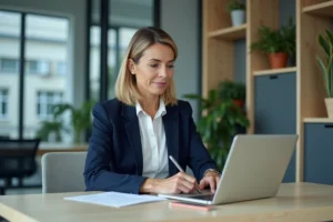Femme professionnelle utilisant une plateforme numérique pour simplifier ses démarches administratives en entreprise