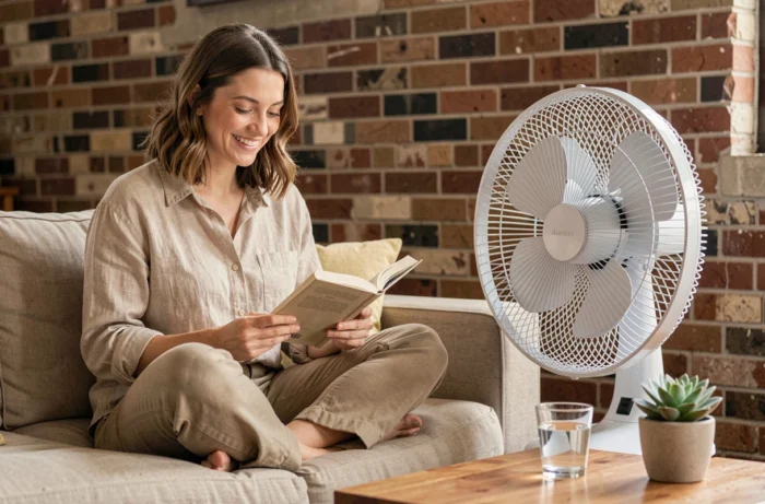 Femme profitant de la fraîcheur d'un ventilateur colonne blanc dans un salon aux murs en brique