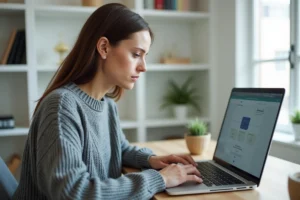 Femme cherchant une alternative à Zone Annuaire sur son ordinateur portable dans un bureau moderne