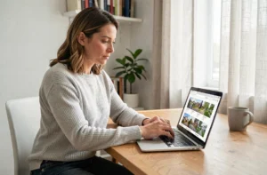 Femme consultant des annonces immobilières sur un ordinateur portable dans un bureau à domicile moderne