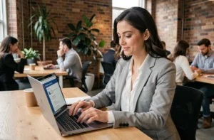 Femme consultant des offres d'emploi en ligne sur un ordinateur portable dans un espace de coworking moderne