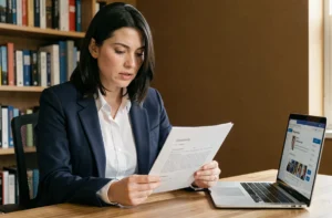 Femme professionnelle relisant son CV à son bureau à domicile pour optimiser sa recherche d'emploi