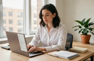 Femme professionnelle consultant son CV sur un ordinateur portable dans un bureau à domicile moderne