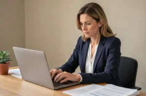 Femme en blazer bleu marine rédigeant un email à Cetelem sur son ordinateur portable dans un bureau à domicile