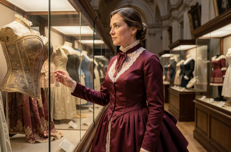 Femme en robe victorienne bordeaux dans un musée de la mode examinant des vêtements anciens sous vitrine