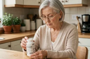 Femme âgée lisant l'étiquette d'un complément alimentaire Bion 3 Senior dans sa cuisine