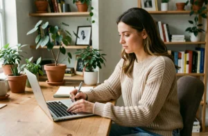 Femme travaillant depuis chez elle sur un ordinateur portable dans un bureau à domicile organisé, illustrant les moyens de gagner de l'argent sans quitter son domicile