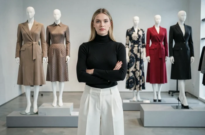 Jeune femme en tenue contemporaine minimaliste devant des mannequins habillés de tenues iconiques de différentes décennies dans une salle d'archives de mode