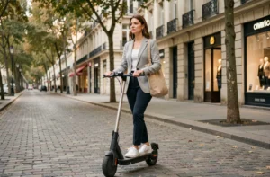 Femme en tenue professionnelle conduisant une trottinette électrique sur un trottoir urbain parisien bordé d'arbres