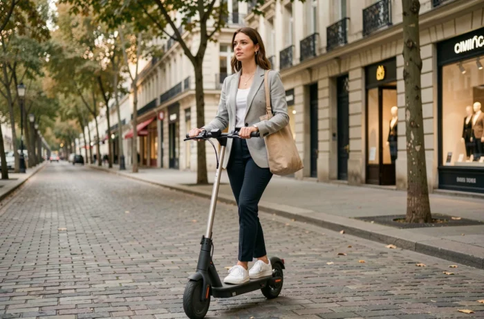 Femme en tenue professionnelle conduisant une trottinette électrique sur un trottoir urbain parisien bordé d'arbres