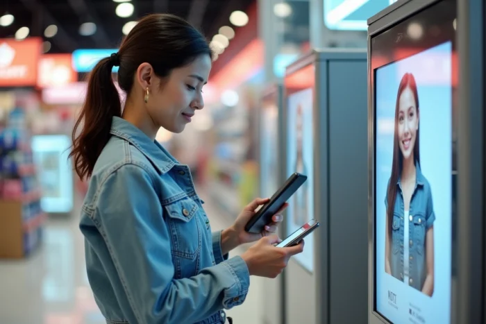 Femme utilisant une borne photo en magasin Leclerc pour imprimer ses photos depuis son smartphone