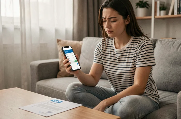 Jeune femme vérifiant un virement CAF sur son application bancaire après régularisation, illustrant l'impact financier du délai de paiement