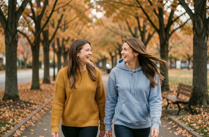 Deux femmes marchant et discutant dans un parc en automne, symbolisant les échanges et conseils bien-être entre amies