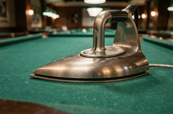 Fer à repasser spécial billard posé sur le feutre vert d'une table dans un club de billard professionnel