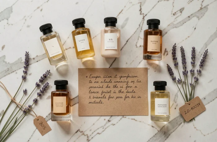Flat lay de flacons de parfums dupes abordables sur marbre avec notes comparatives